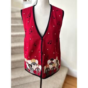 Vintage Red Christmas Holiday Vest Embroidered Angel Choir